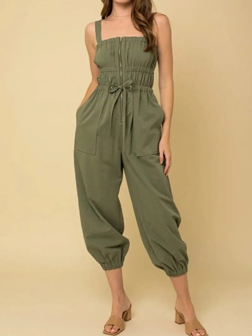 Gili Olive Green Smocked Jumpsuit Sz M